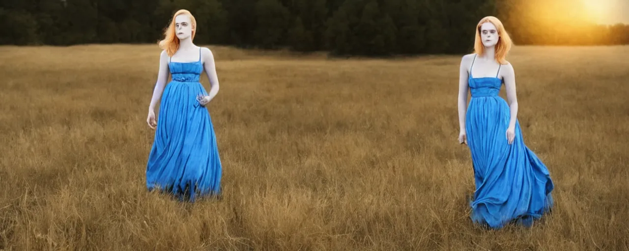 Prompt: evan rachel wood with blonde hair and a maiden blue dress in a field, old west, cinematic lighting, hyperrealistic, one person