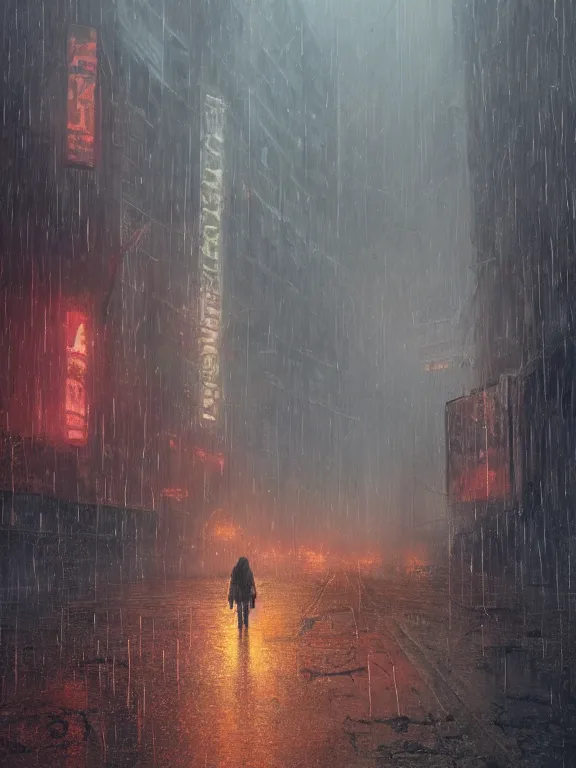 Prompt: First Person Point view of silent Hill monster chasing me in the wreckage city in the rain,by Tim Hildebrandt ,James Paick,Ted Nasmith, peter gric,Hugh Ferriss,trending on artstation,8k,Blade Runner 2049,ultra realistic,high detail,golden ratio,cinematic lighting,maximalist