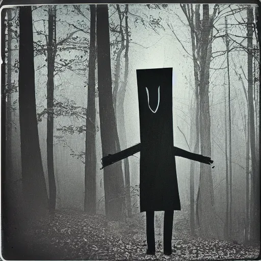 Prompt: polaroid picture of The Babadook standing in the woods, creepy, dark scary
