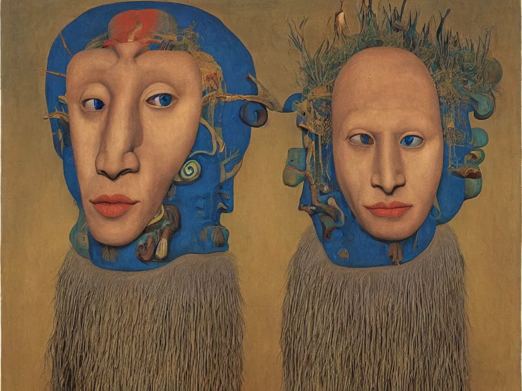 Prompt: Portrait of albino mystic with blue eyes, with totemic archaic simple painted Mayan mask. Painting by Jan van Eyck, Audubon, Rene Magritte, Agnes Pelton, Max Ernst, Walton Ford