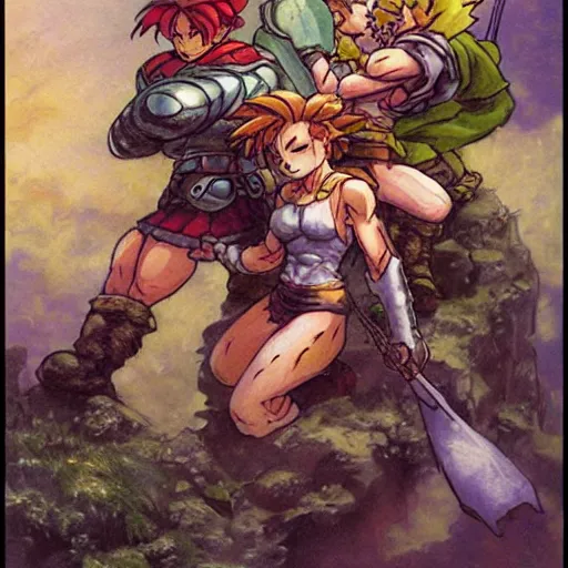 Image similar to crono stands atop a mountain of slain enemies as marle and ayla hug his legs, epic reimagining of chrono trigger by frank frazetta