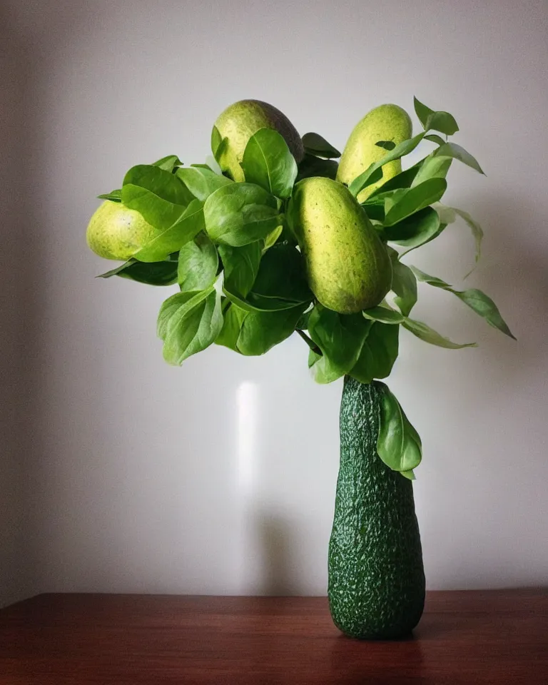 Prompt: “a modern decorated avocado vase. Professional photography.”