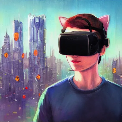 Image similar to a painting of a cat wearing oculus rift with a city in the background, cyberpunk art by hikari shimoda, trending on artstation, panfuturism, utopian art, circuitry, sci - fi