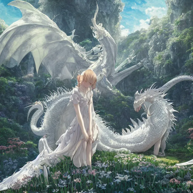 Prompt: the beautiful hyper detailed scene render that a lonely beautiful girl lies in the arms of a huge silver white dragon alone in fairyland surrounded by white clouds, finely detailed angelic face delicate, style of studio ghibli, makoto shinkai, raphael lacoste, louis comfort tiffany, artgerm, james jean, ross tran, animation style, hd, ultra wide angle