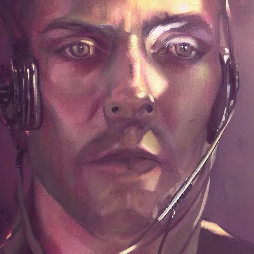 Prompt: portrait painting of a science fiction character art radio operator, retrowave noir, in the style of casey baugh and theo van rysselberghe, hyper realistic face, photorealistic face