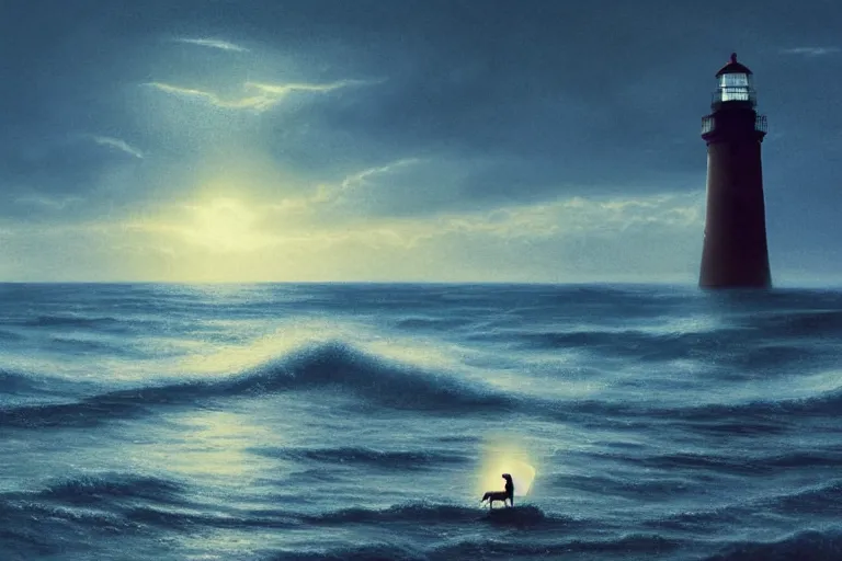 Image similar to photo of man riding a horse along the beach, glowing underwater waves toward a lighthouse in the distance guiding his way, silhouette, wide horizon, large white clouds, seagulls, night, intricate, elegant, highly detailed, digital painting, artstation, concept art, smooth, sharp focus, illustration, rule of thirds art by artgerm and greg rutkowski and fra angelico