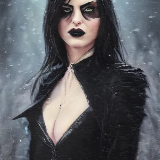 Prompt: furious dark haired women, portrait by tyler jacobson, steve argyle, wearing black coat, black makeup, ice mage, shooting ice, oil painting,, fantasy artwork, fantastic artwork, 4 k, trending on artstation