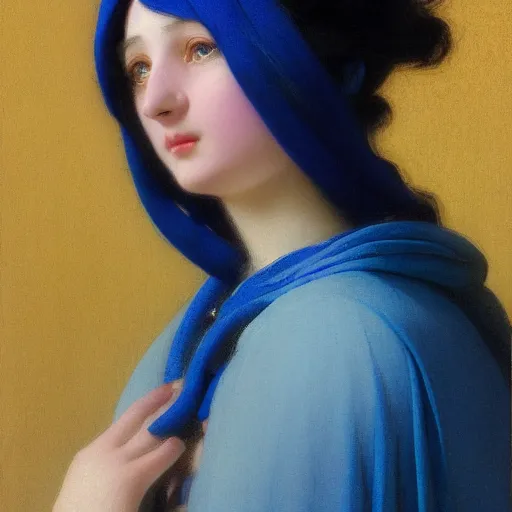 Prompt: a young woman's face, her hair is white and she wears an indigo blue satin cloak, by ivan aivazovsky and syd mead and moebius and gaston bussiere and roger dean and pieter claesz and paul delaroche and alma tadema and aelbert cuyp and balthasar ast, hyperrealistic, volumetric light, octane render