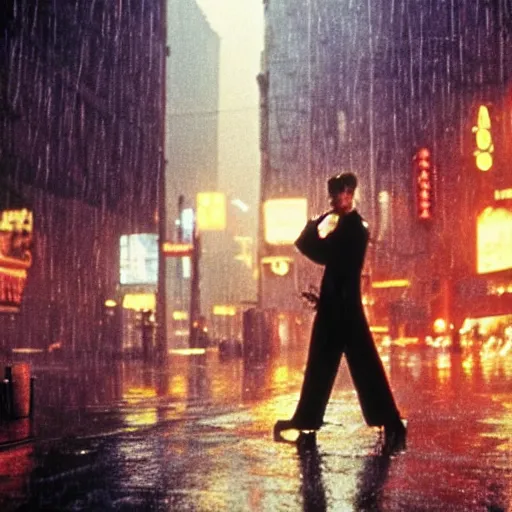 Image similar to David bowie in a rainy bladerunner city street, movie still 4k