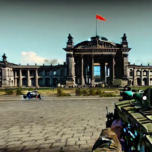 Prompt: berlin reichstag in pc game hell let loose, ww 2, 1 9 4 5, american soldiers, nazis, nazi germany, tanks, devastated city, ruins, screenshot, unreal engine, gameplay, in - game