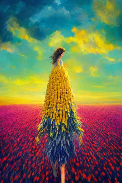 Image similar to giant corn flower head, girl walking in a flower field, surreal photography, sunrise, dramatic light, impressionist painting, colorful clouds, digital painting, artstation, simon stalenhag