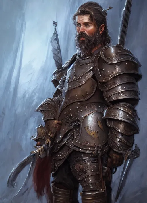 Image similar to Human Paladin, combed back Brown hair, short beard, grumpy, plate armor, Ivan Aivakovsky, Boris Vallejo, epic fantasy character art, D&D Concept Art, full length, Realistic, Regal, Refined, Detailed Digital Art, Oil Paining, Exquisite detail, post-processing, masterpiece, Cinematic Lighting, Unreal Engine, 8k, HD