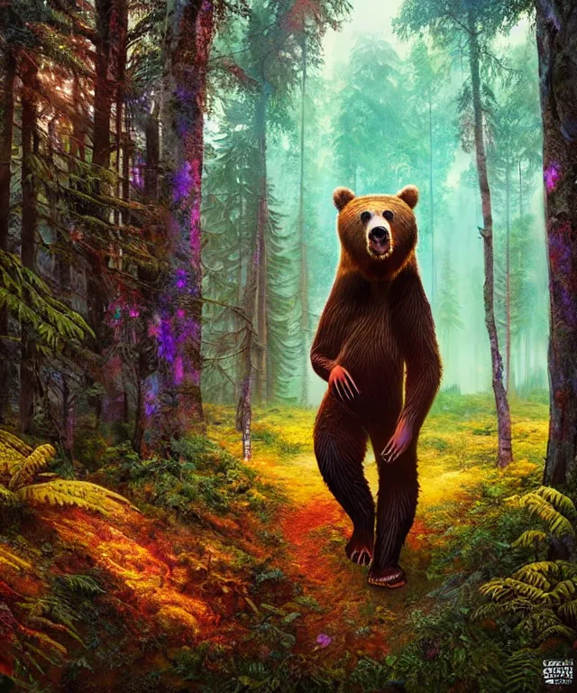 Image similar to a realistic brown bear, walking through a psychedelic forest, wide angle landscape shot, pixar style by tristan eaton, artgerm and tom bagshaw