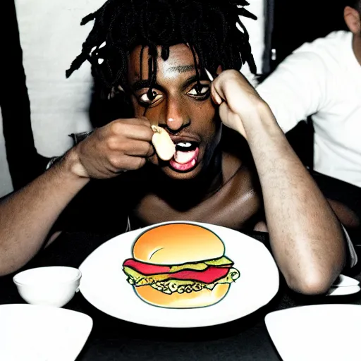 Image similar to a realistic photo of playboi carti eating a burger, film grain, vintage photo, high contrast