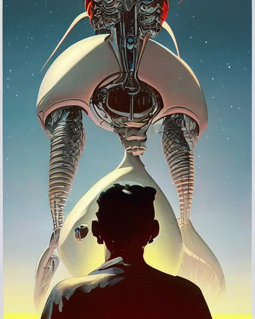 Prompt: a painting of a man standing in front of a giant alien, poster art syd mead and frank frazetta and philippe caza, cgsociety, space art, lovecraftian, cosmic horror, poster art