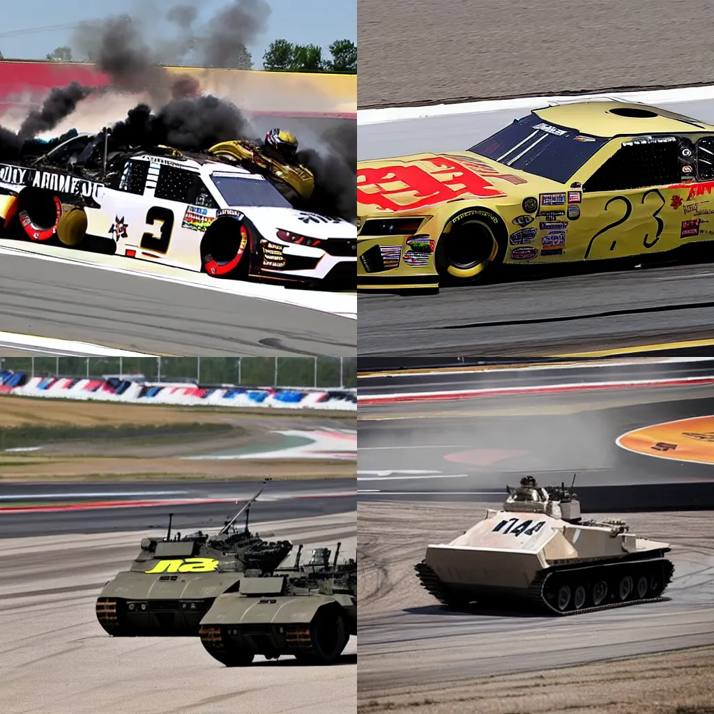 Prompt: M1A2 Abrams drifting at a NASCAR race