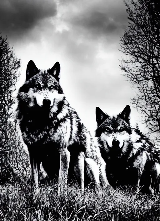 Image similar to two wolves black and white portrait white sky in background