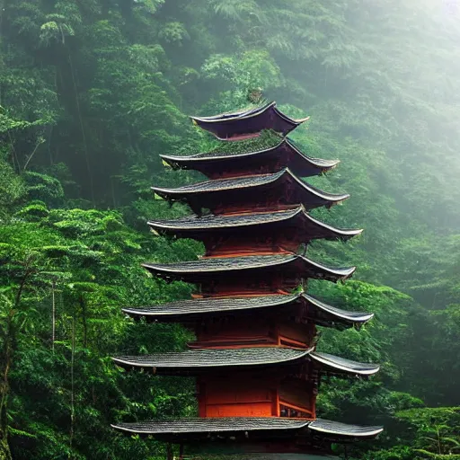 Image similar to abellanewsfoundation. org a full length portrait of a giant autonomous pagoda in a misty rainforest, surrounded by lush ferns and fir trees. surrounded by mountains and clouds and mist. featured on