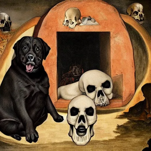 Image similar to obese dog in hell, sitting next to a human skull, renaissance painting