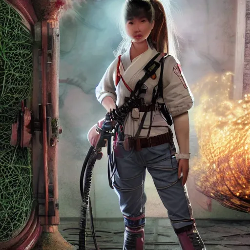 Image similar to beautiful feudal south American girl Ghostbuster, 1567 wavy hair like Brenda song, intricate complexity 8k character concept, ghostbusters, ghostbusters proton pack, ghostbusters trap , in feudal Japan, steampunk aesthetic, fresh food market people, fine line detail, cinematic quality, high octane, cry engine, 4k render, masterpiece, octane
