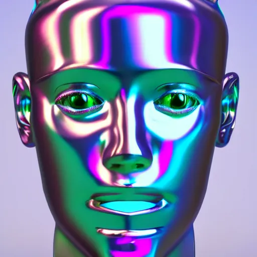 Image similar to 3d render of holographic human robotic head made of glossy iridescent, surrealistic 3d illustration of a human face non-binary, non binary model, 3d model human, cryengine, made of holographic texture, holographic material, holographic rainbow, concept of cyborg and artificial intelligence