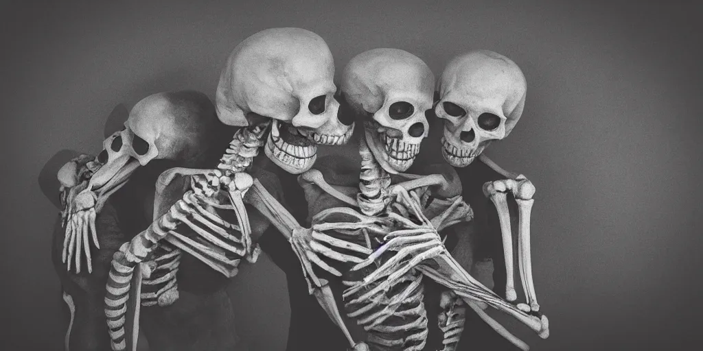 Prompt: realistic skeletons hugging each other in fear for their lives, dimly lit underground wide angle view, photorealistic amateur photograph