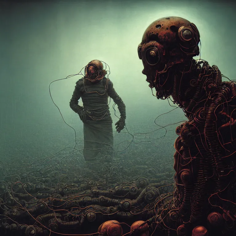 Image similar to doom motorbiker, covered with wires, by beksinski, psychedelic trippy visionary art, soft bloom lucid dream - like atmosphere, baroque painting, perfect composition, detailed octane render trending on artstation, 8 k artistic photography, volumetric cinematic perfect light, chiaroscuro, masterpiece, raphael, caravaggio, beksinski, rutkowski, beeple