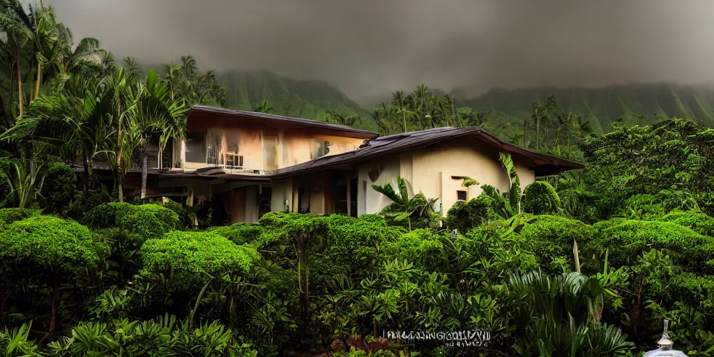 Image similar to atomic mushroom cloud over a Hawaiian villa in the middle of an tropical forest, ominous Sky, gloomy atmosphere, cinematic, mist, High definition, 8k, ultra detailed