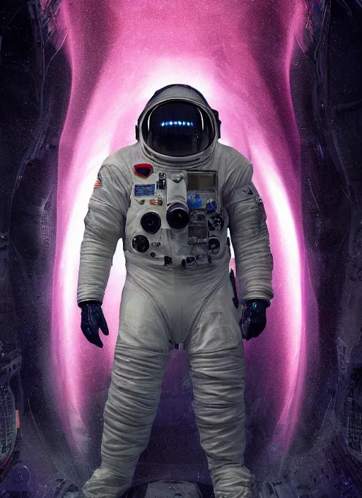 Image similar to complex poster by craig mullins astronaut in futuristic dark and empty spaceship underwater. infrared pink glowing lights. complex and hyperdetailed technical suit. reflection and dispersion materials. rays and dispersion of light. volumetric light. 5 0 mm, f / 3 2. noise film photo. flash photography. unreal engine 4, octane render. interstellar movie art