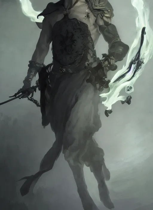 Image similar to character concept portrait of an attractive young smirking Spanish wizard with pale white skin and wearing parital skeleton mask while enchanting a dark seduction spell, a floating burning spell book in the center, intricate, elegant, digital painting, concept art, smooth, sharp focus, illustration, from Metal Gear, by Ruan Jia and Mandy Jurgens and William-Adolphe Bouguereau, Artgerm