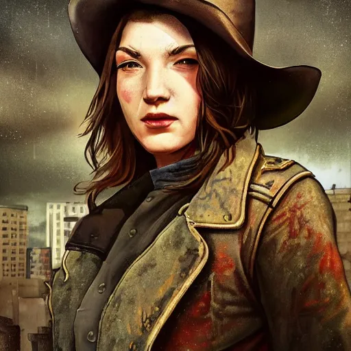 Image similar to fallout 5, charismatic beautiful, rugged, brunette female protagonist wearing a cowboy - hat, portrait, outdoors ruined cityscape, atmospheric lighting, painted, intricate, volumetric lighting, beautiful, daytime, harsh winter weather, sharp focus, cold, deep colours, ultra detailed, by leesha hannigan, ross tran, thierry doizon, kai carpenter, ignacio fernandez rios