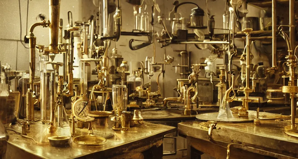 Image similar to a laboratory filled with alchemy equipment, victorian era, gold dust, depth of field