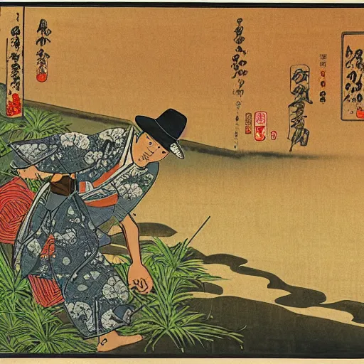 Prompt: A Japanese cowboy rising a classic motorbike on a dirt road through rice field, panoramic, ukiyo-e