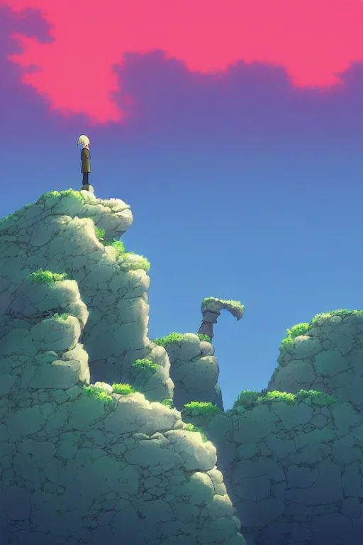 Image similar to stone wall stretching to the sky at the edge of the world, 4 k digital paint by studio ghibli hayao miyazaki. vivid colours, vaporwave lighting style, very sharp and detailed. trending on artstation and behance.