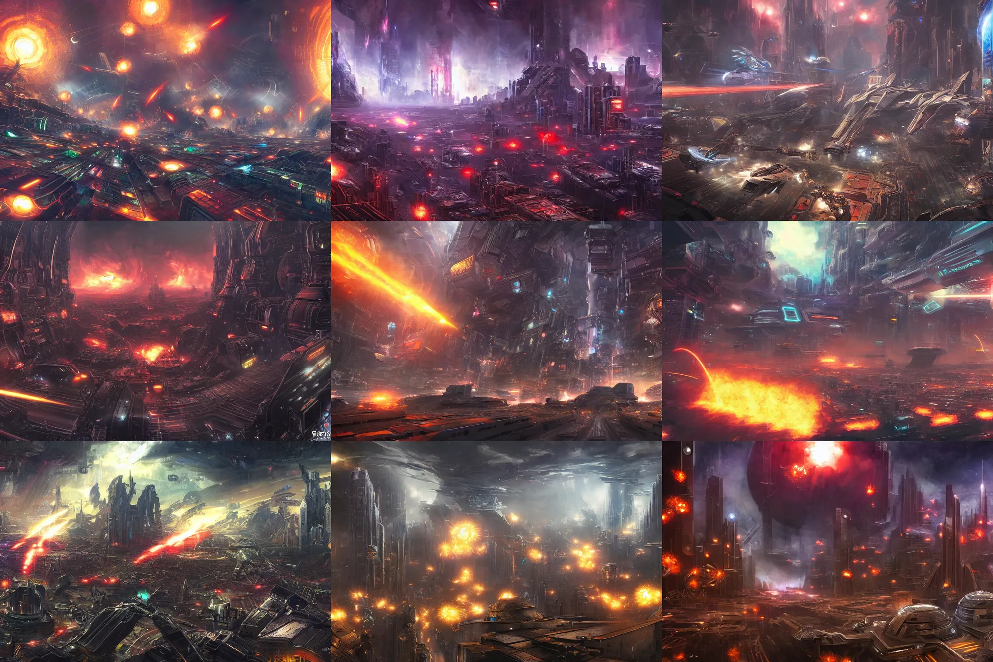Prompt: a large futuristic city space battle, ornate with fiery explosions, inspired by Frank Kelly Freas, cinematic lighting, moody atmosphere, hyper detailed, 8k, ultra realistic, cinematic reality