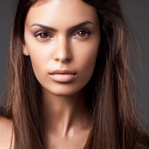 Image similar to Portrait photo of a beautiful supermodel, beautiful bone structure, long dark hair, olive skin, brown eyes, natural makeup, studio lighting, highly detailed, photo by Damon Loble.