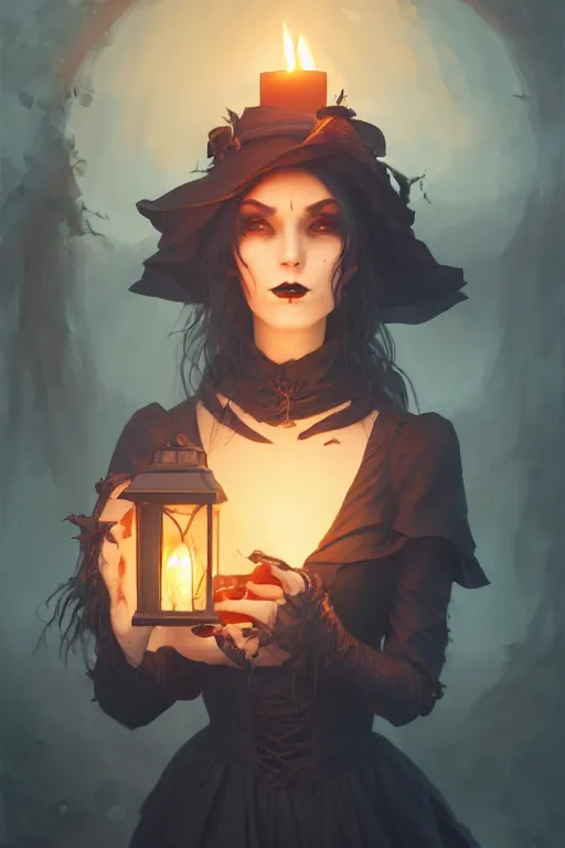 Image similar to portrait of a ghoulish victorian witch dark cheekbones holding a lantern, halloween night, charlie bowater, artgerm, ilya kuvshinov, krenz cushart, ruan jia, realism, ultra detailed, 8 k resolution