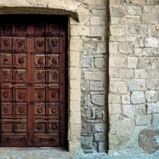 Image similar to A door with a sleeping person hangs on loops, medieval style, dramatic lighting
