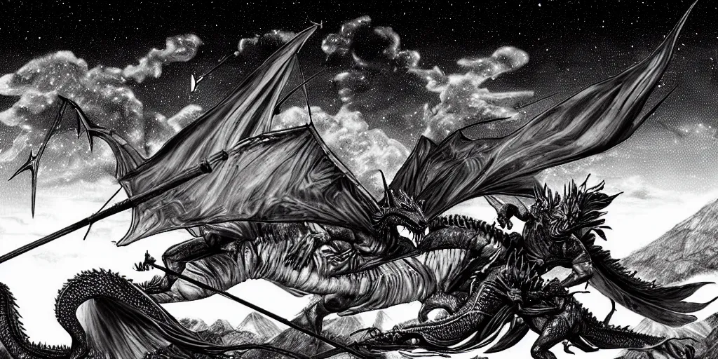 Image similar to archer fighting a dragon under the night sky in front of the mountains. dark fantasy style. epic fight. digital art. black and white. by kentaro miura