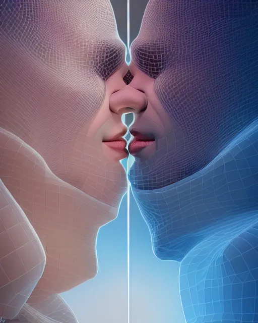 Image similar to 3 d render of kissing couple by luis toledo and alex grey and beeple, neosurrealism. digital art, pixel art, concept art, octane render, trending on cgsociety, trending on artstation