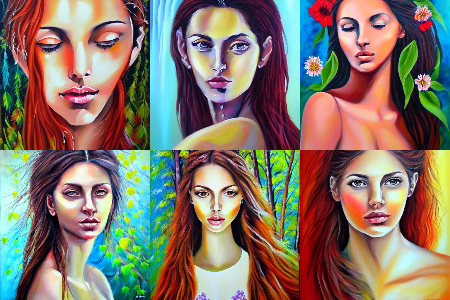 Prompt: portrait of a beautiful woman, nature elements, acrylic painting, by dimitra milan.