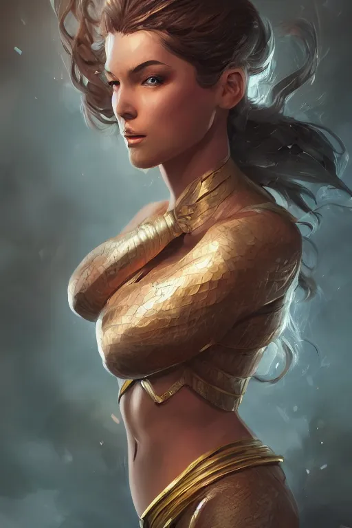 Image similar to three quarters portrait pose of a beautiful woman, strong body,super heroine costume,super powers, fantasy, intricate, elegant, highly detailed, digital painting, artstation, concept art,shining, sharp focus, illustration, art by Stanley Lau