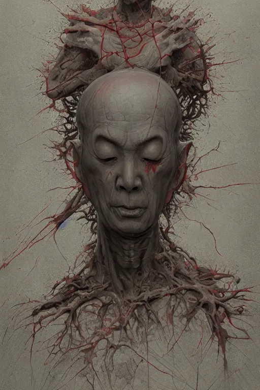 Image similar to Meditating Buddhist Undead Monk, dark fantasy, intricate, highly detailed, smooth, artstation, painted by Wayne Barlowe, Greg Rutkowski, zdislav beksinski, Francis Bacon