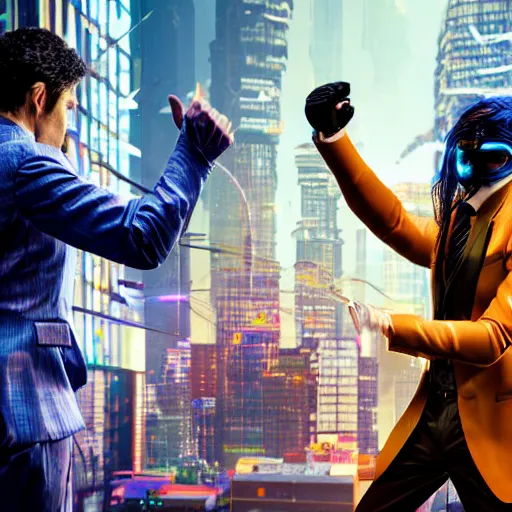 Prompt: a fight between a boho cyberpunk hippie and a high - tech suit businessman, epic art, cinematic mid shot fight