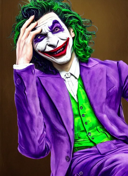 Image similar to portrait of Ezra Miller as the Joker, opulent, laughing pose, sigma male, gigachad, lavish green hair, royal crown, purple luxurious futuristic suit, sitting at a sumptuous golden couch, fantasy, elegant, realistic, highly detailed, digital painting, artstation, concept art, smooth, sharp focus, illustration, art by artgerm and greg rutkowski and alphonse mucha