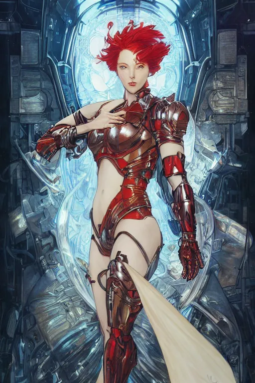 Prompt: pale woman with red hair in sci - fi armor, bionic armor, stoic, powerful, by artgerm and yoshitaka amano and moebius and alphonse mucha, hyperdetailed, dc comics, ornate, nebula, explosions in the sky, trending on artstation