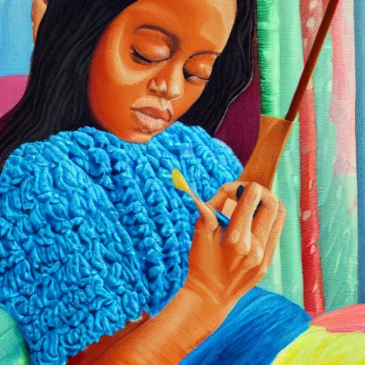 Image similar to painting young woman crochetting