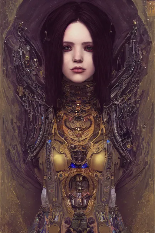 Prompt: portrait of beautiful young gothic maiden, cyberpunk, Warhammer, highly detailed, artstation, illustration, art by Gustav Klimt