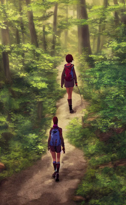 Image similar to an anime girl in the foreground hiking the Appalachian Trail alone, three point perspective, anime scene, digital art, 4k ultra