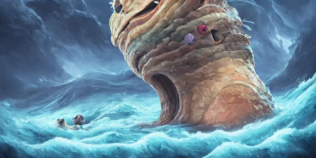 Image similar to of a stormy ocean with strange cute friendly happy creatures with huge eyes, mouth, long tongue, round teeth and goofy face, appearing from the background, in the style of gehry and gaudi, macro lens, shallow depth of field, ultra detailed, digital painting, trending artstation, concept art, illustration, cinematic lighting, photorealism, epic, octane render